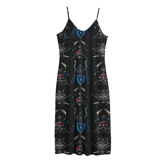 Ghost Samurai Mask Pattern Print Jersey Midi Cami Dress