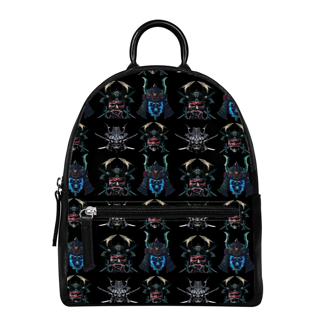 Ghost Samurai Mask Pattern Print Leather Backpack