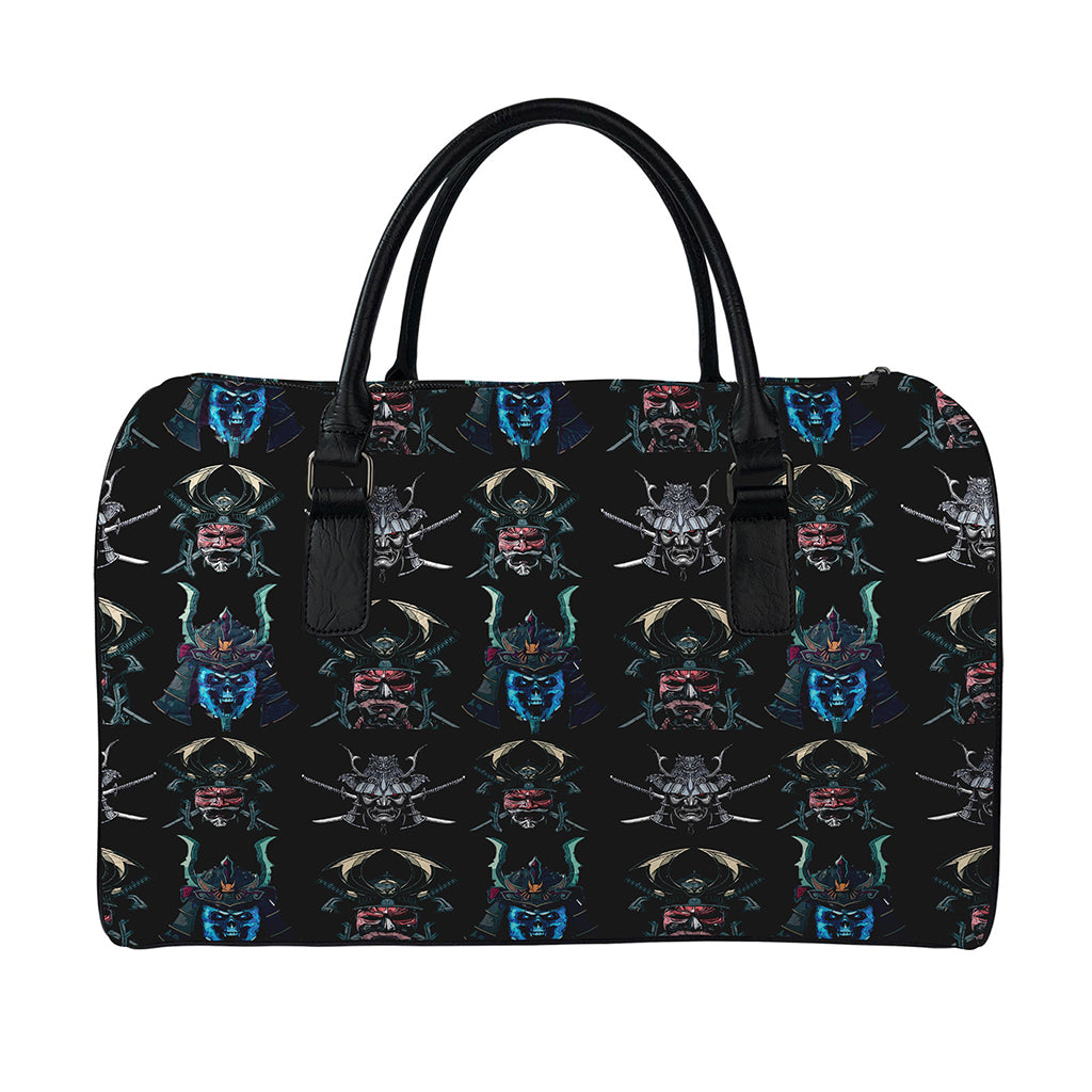 Ghost Samurai Mask Pattern Print Leather Duffle Bag