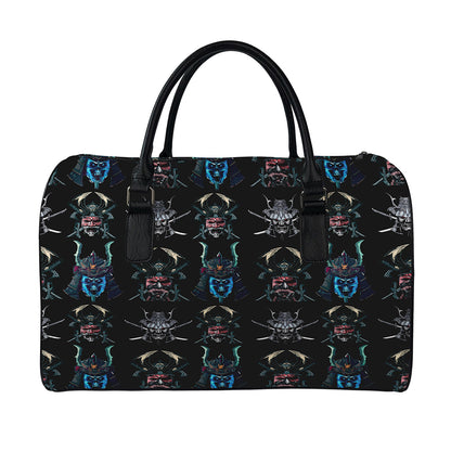 Ghost Samurai Mask Pattern Print Leather Duffle Bag
