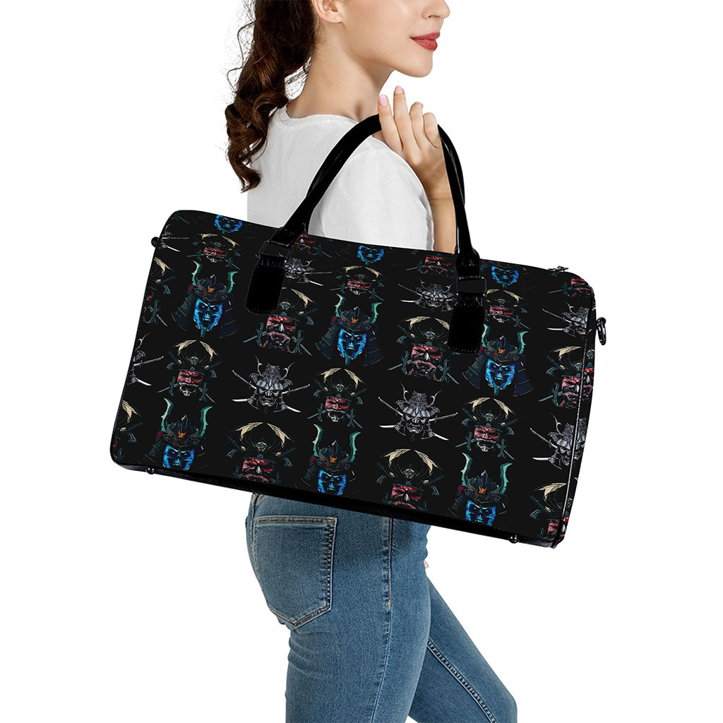 Ghost Samurai Mask Pattern Print Leather Duffle Bag
