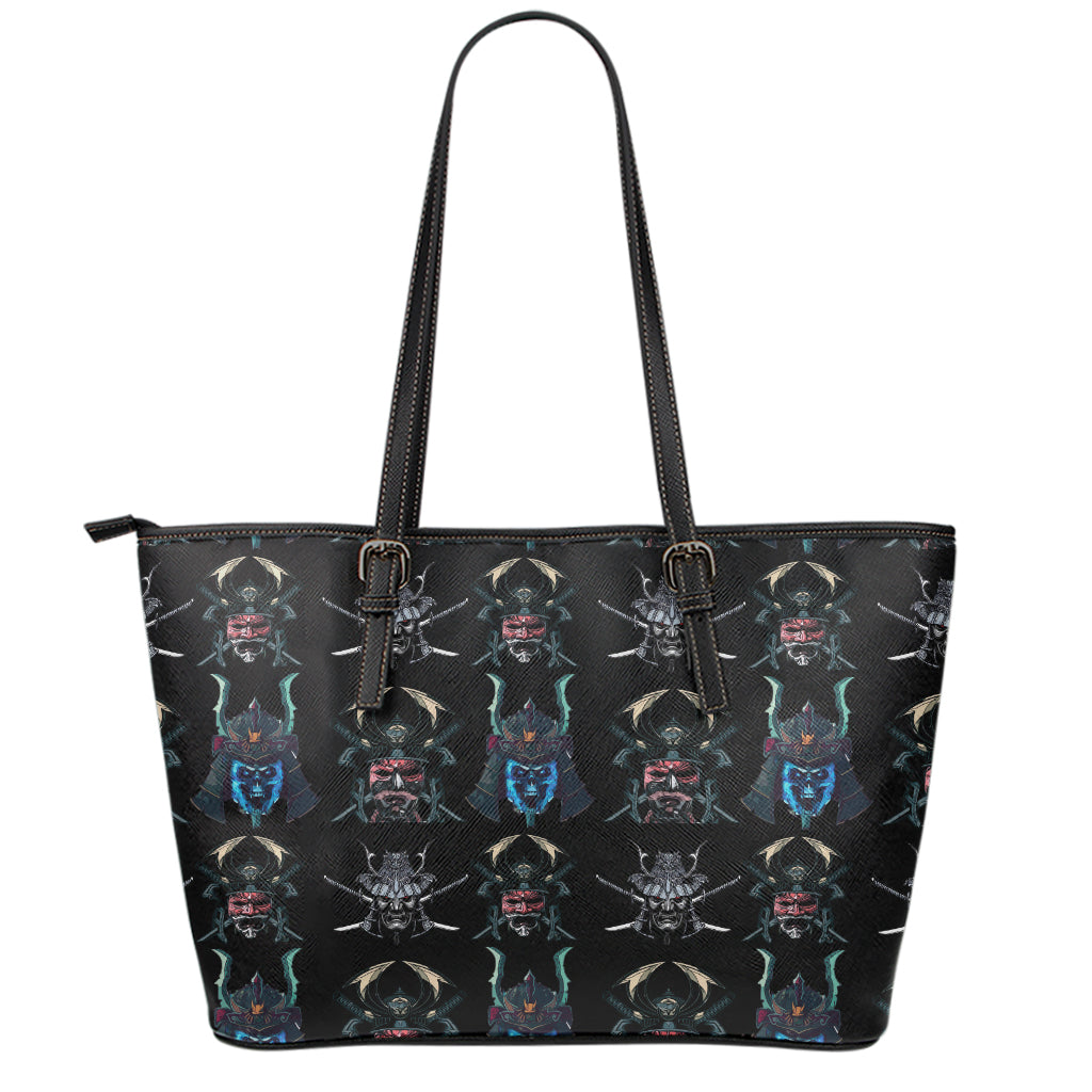 Ghost Samurai Mask Pattern Print Leather Tote Bag