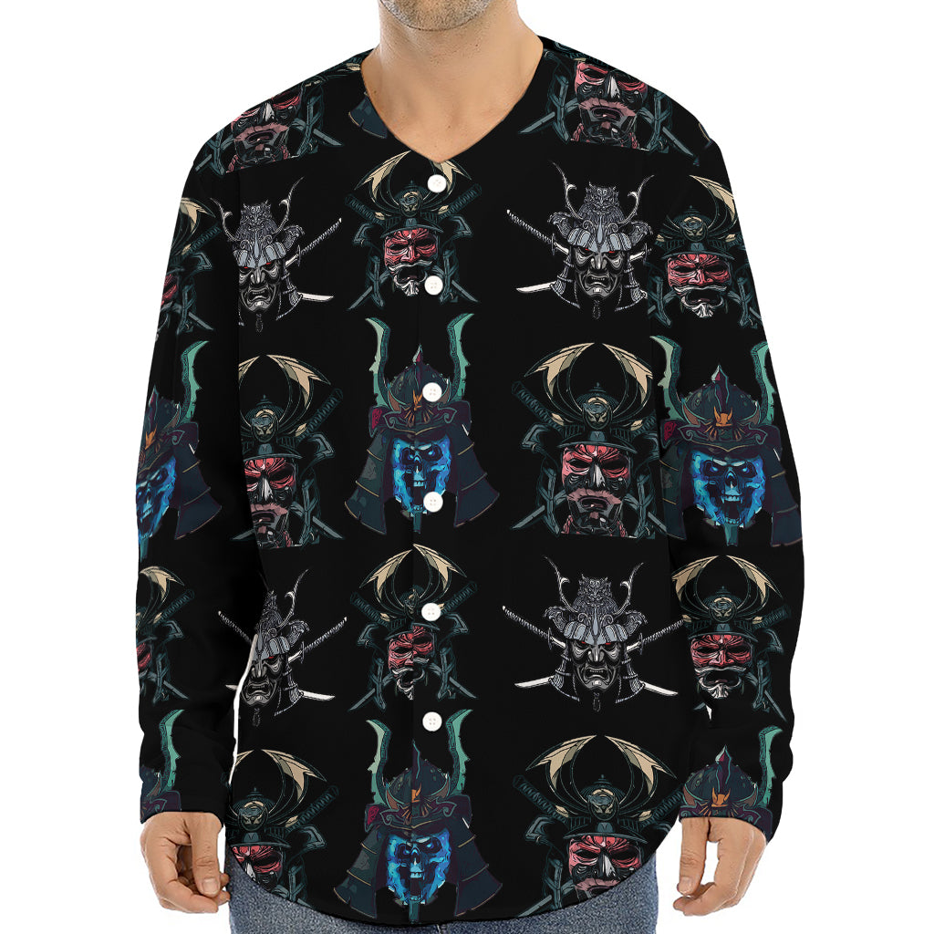 Ghost Samurai Mask Pattern Print Long Sleeve Baseball Jersey