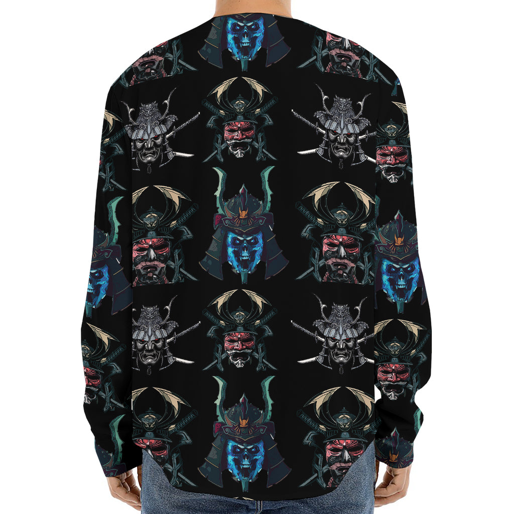 Ghost Samurai Mask Pattern Print Long Sleeve Baseball Jersey