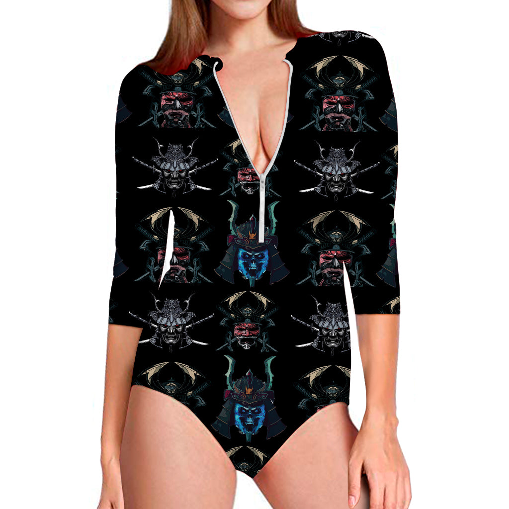 Ghost Samurai Mask Pattern Print Long Sleeve Swimsuit