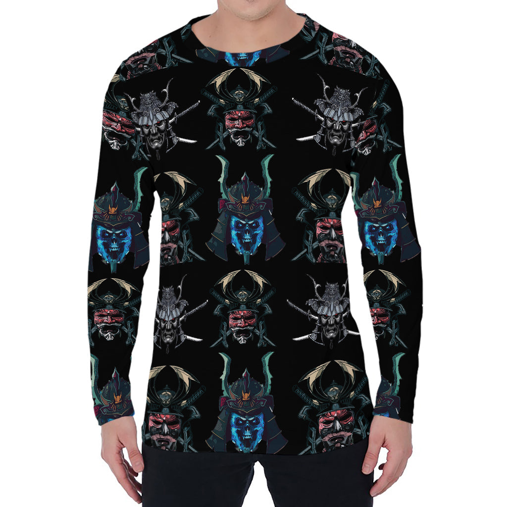 Ghost Samurai Mask Pattern Print Men's Long Sleeve T-Shirt
