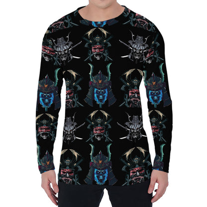 Ghost Samurai Mask Pattern Print Men's Long Sleeve T-Shirt