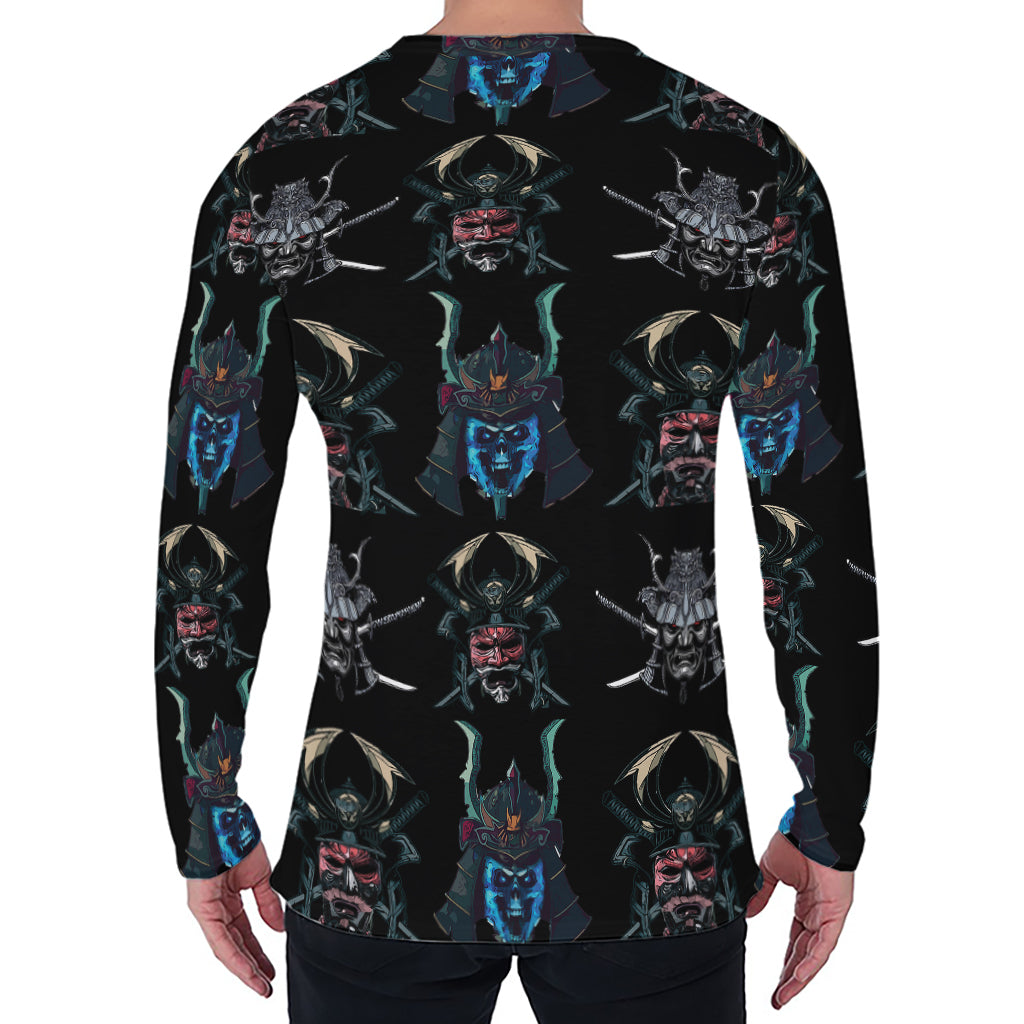 Ghost Samurai Mask Pattern Print Men's Long Sleeve T-Shirt