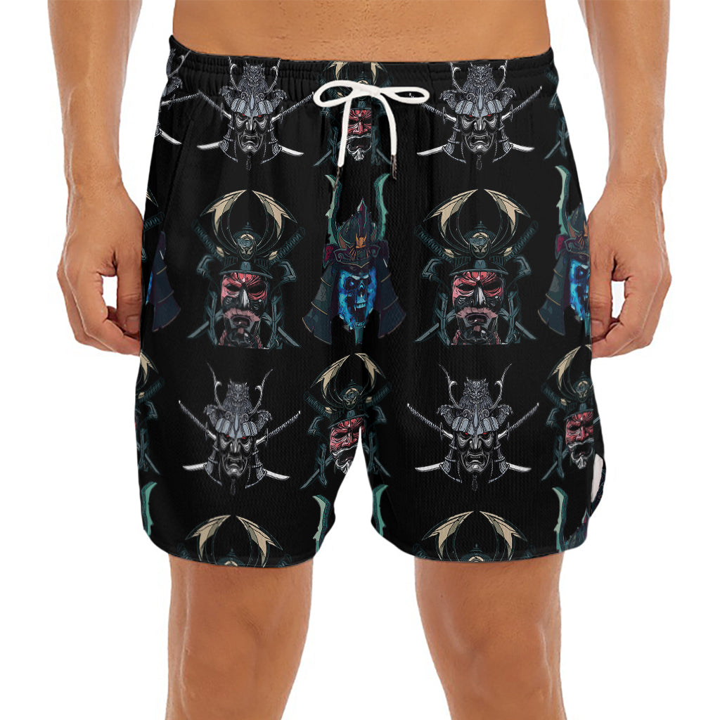 Ghost Samurai Mask Pattern Print Men's Split Running Shorts