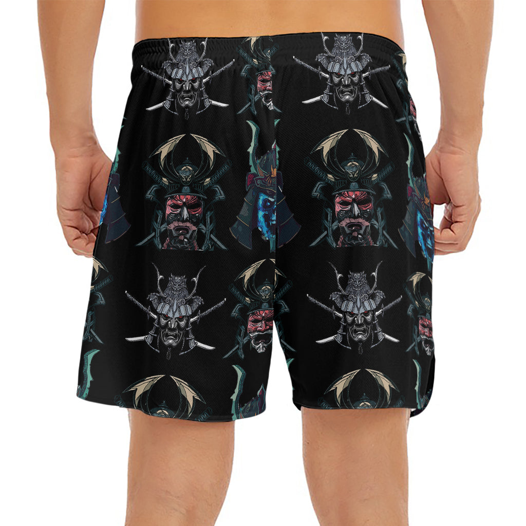 Ghost Samurai Mask Pattern Print Men's Split Running Shorts
