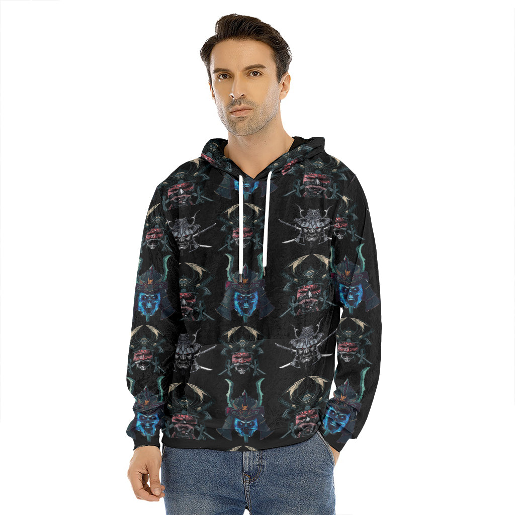 Ghost Samurai Mask Pattern Print Men's Velvet Pullover Hoodie
