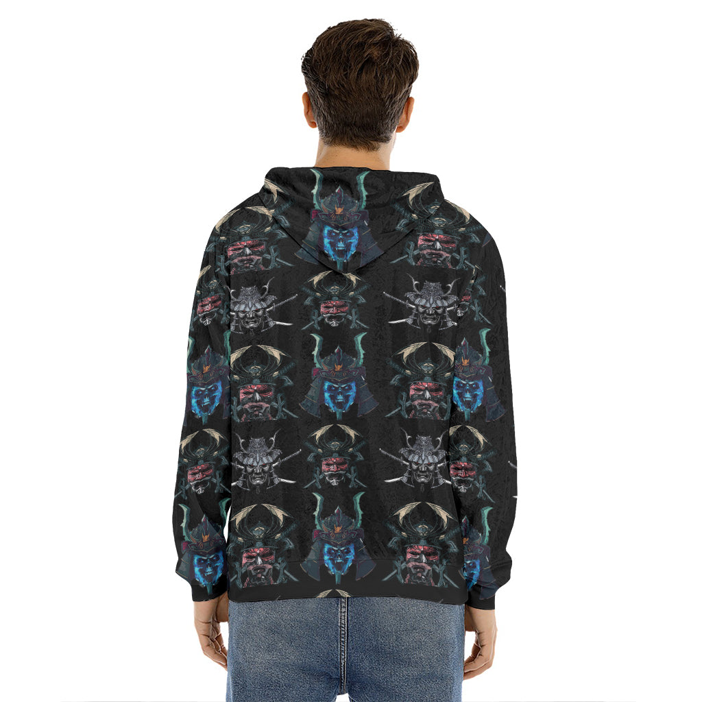 Ghost Samurai Mask Pattern Print Men's Velvet Pullover Hoodie