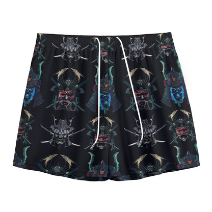 Ghost Samurai Mask Pattern Print Mesh Shorts