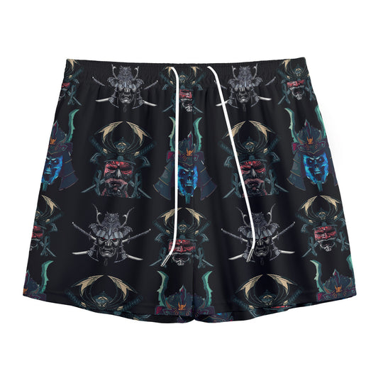Ghost Samurai Mask Pattern Print Mesh Shorts