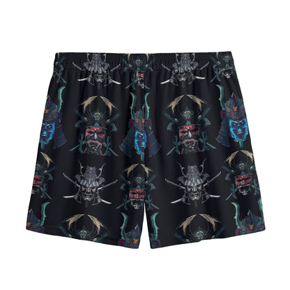 Ghost Samurai Mask Pattern Print Mesh Shorts