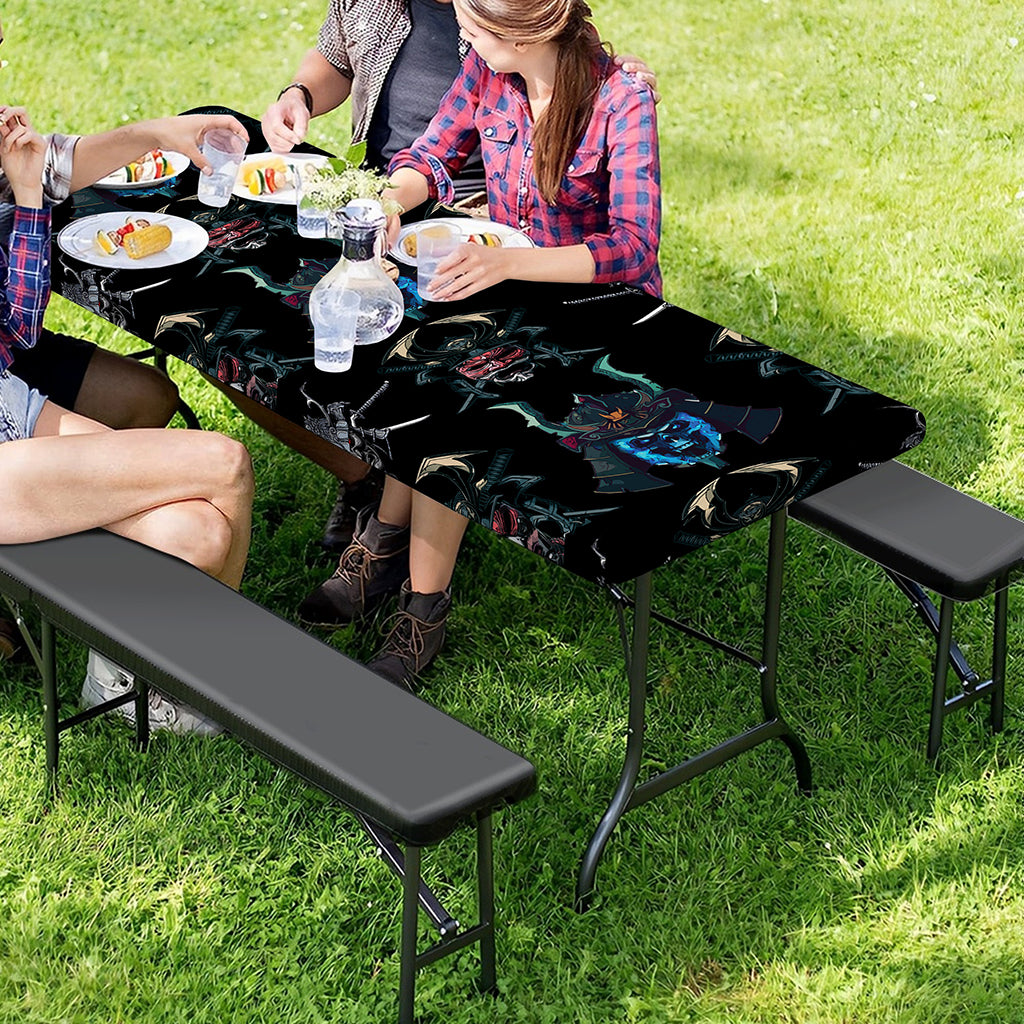 Ghost Samurai Mask Pattern Print Picnic Table Cover