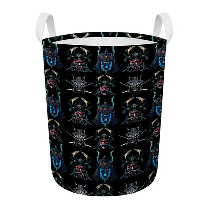 Ghost Samurai Mask Pattern Print Round Laundry Basket