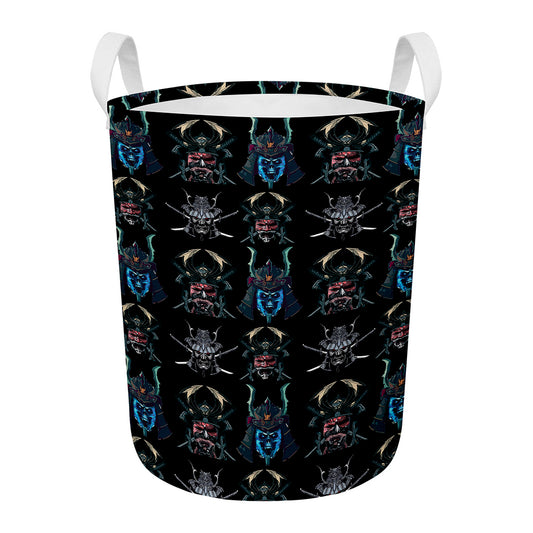Ghost Samurai Mask Pattern Print Round Laundry Basket