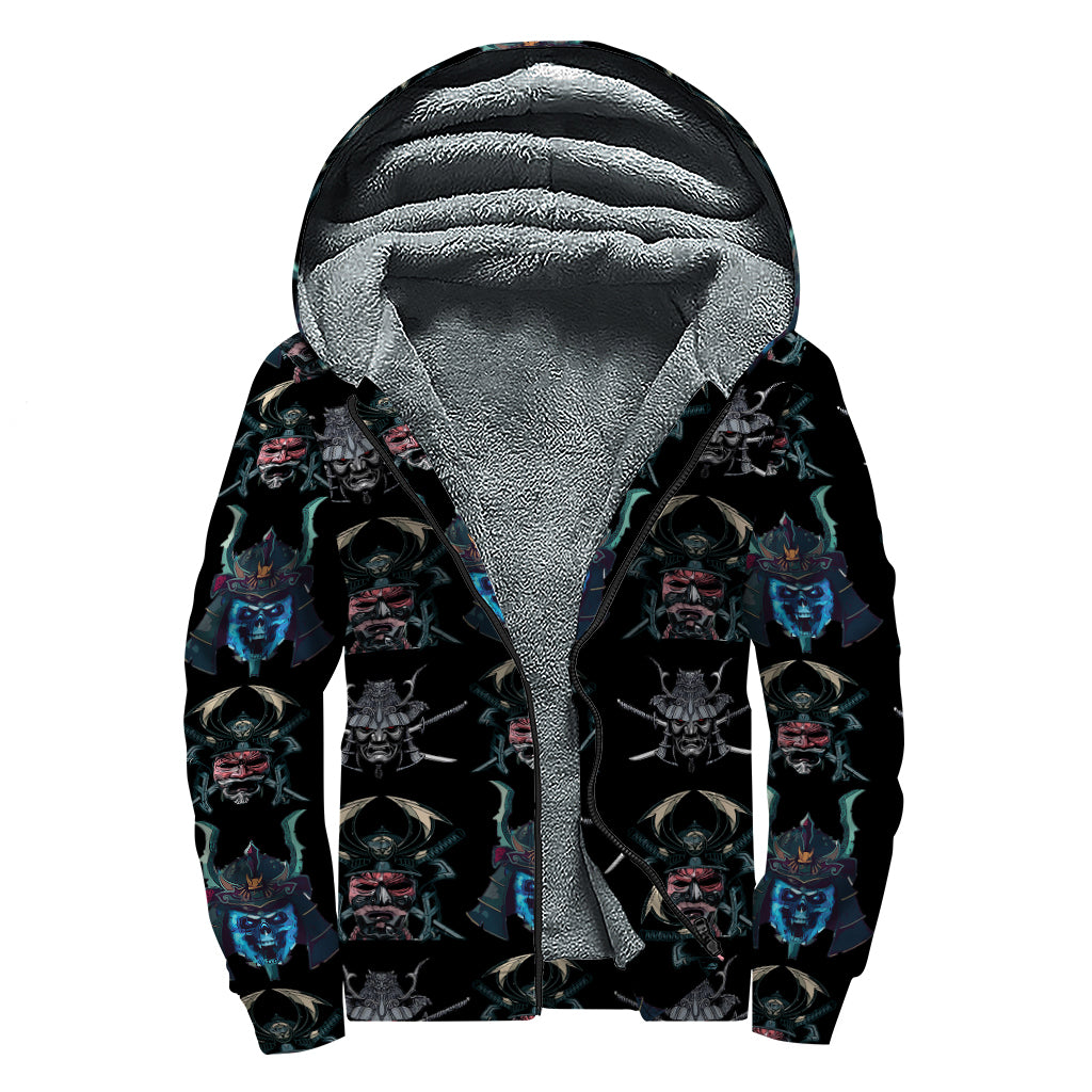Ghost Samurai Mask Pattern Print Sherpa Lined Zip Up Hoodie