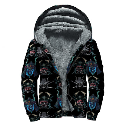 Ghost Samurai Mask Pattern Print Sherpa Lined Zip Up Hoodie