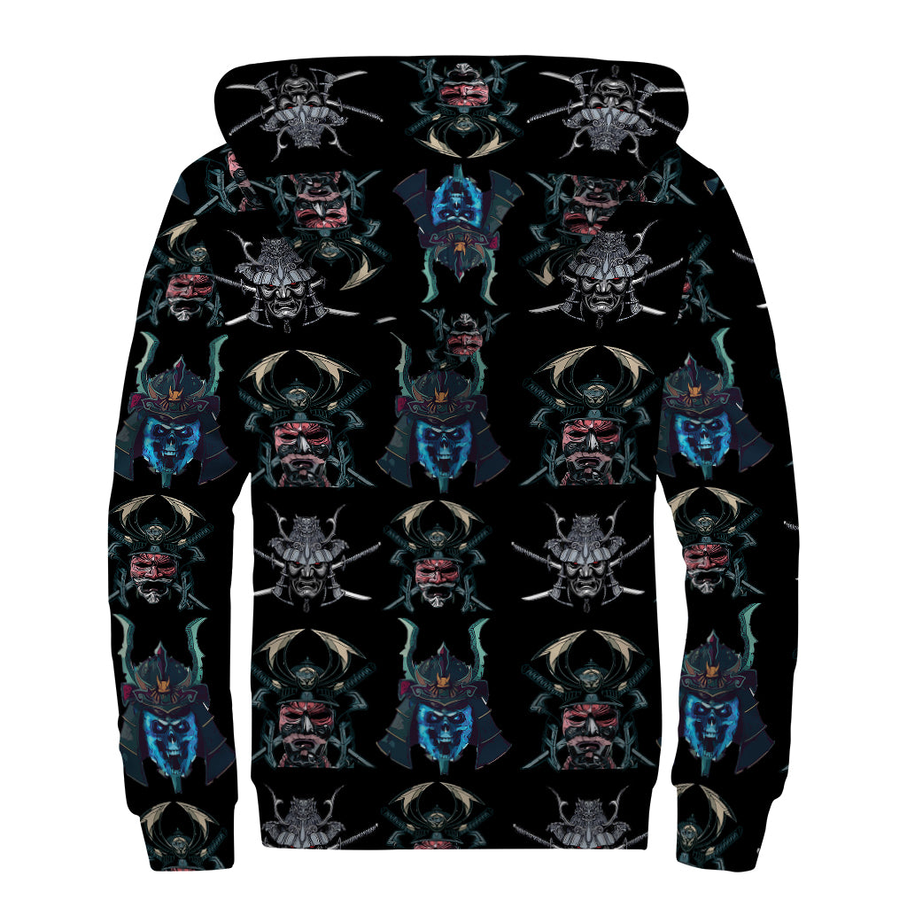 Ghost Samurai Mask Pattern Print Sherpa Lined Zip Up Hoodie