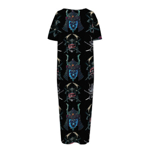 Ghost Samurai Mask Pattern Print Short Sleeve Long Nightdress