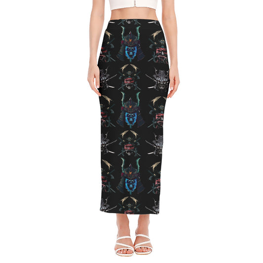 Ghost Samurai Mask Pattern Print Side Slit Maxi Skirt
