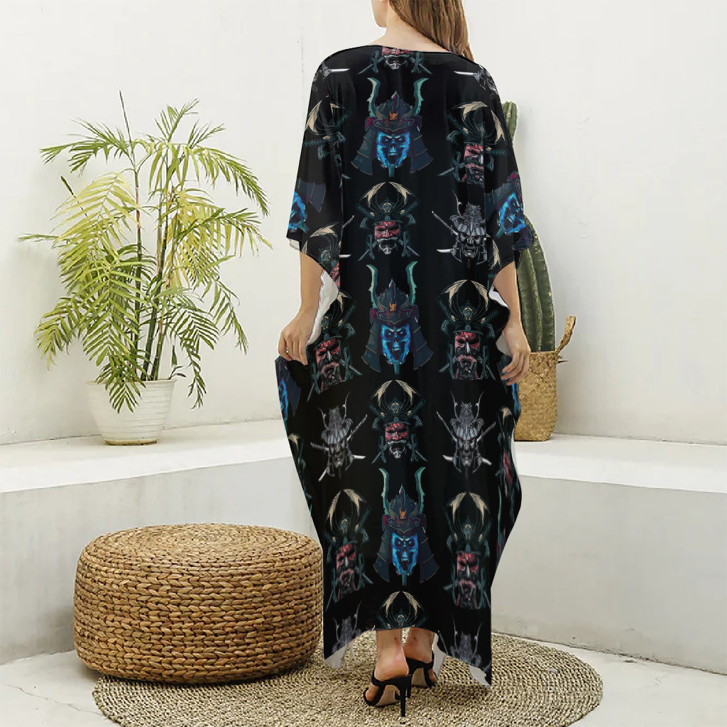 Ghost Samurai Mask Pattern Print Silk V-Neck Kaftan Dress