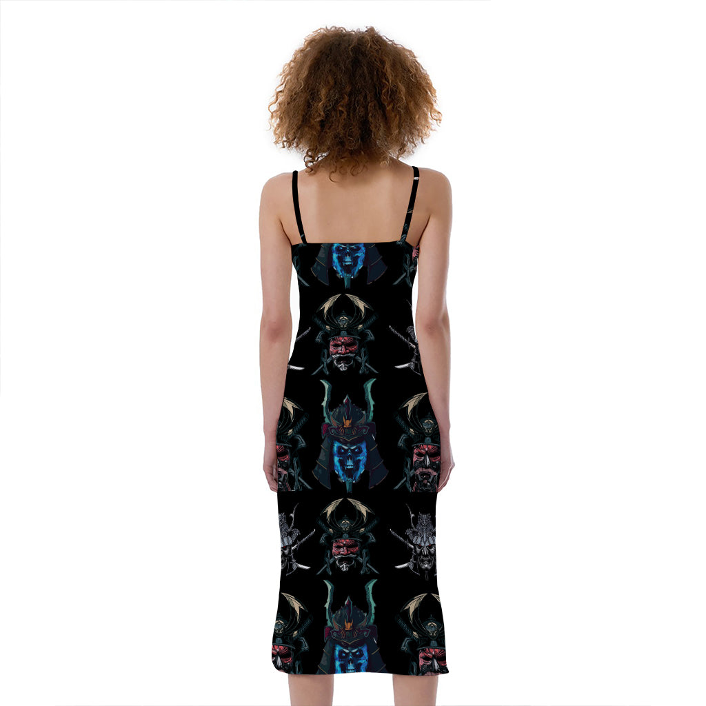 Ghost Samurai Mask Pattern Print Slim Fit Midi Cami Dress