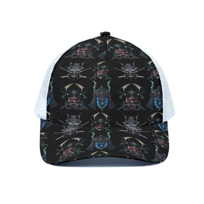 Ghost Samurai Mask Pattern Print White Mesh Trucker Cap