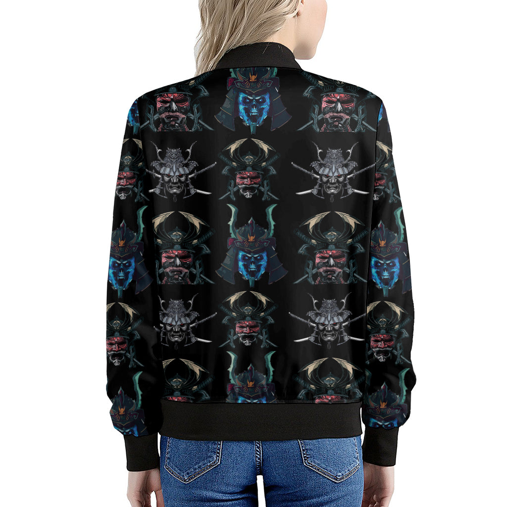 Ghost Samurai Mask Pattern Print Women's Bomber Jacket