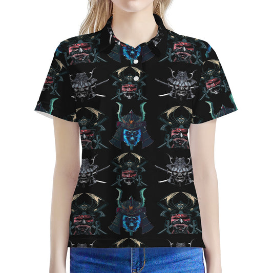 Ghost Samurai Mask Pattern Print Women's Polo Shirt