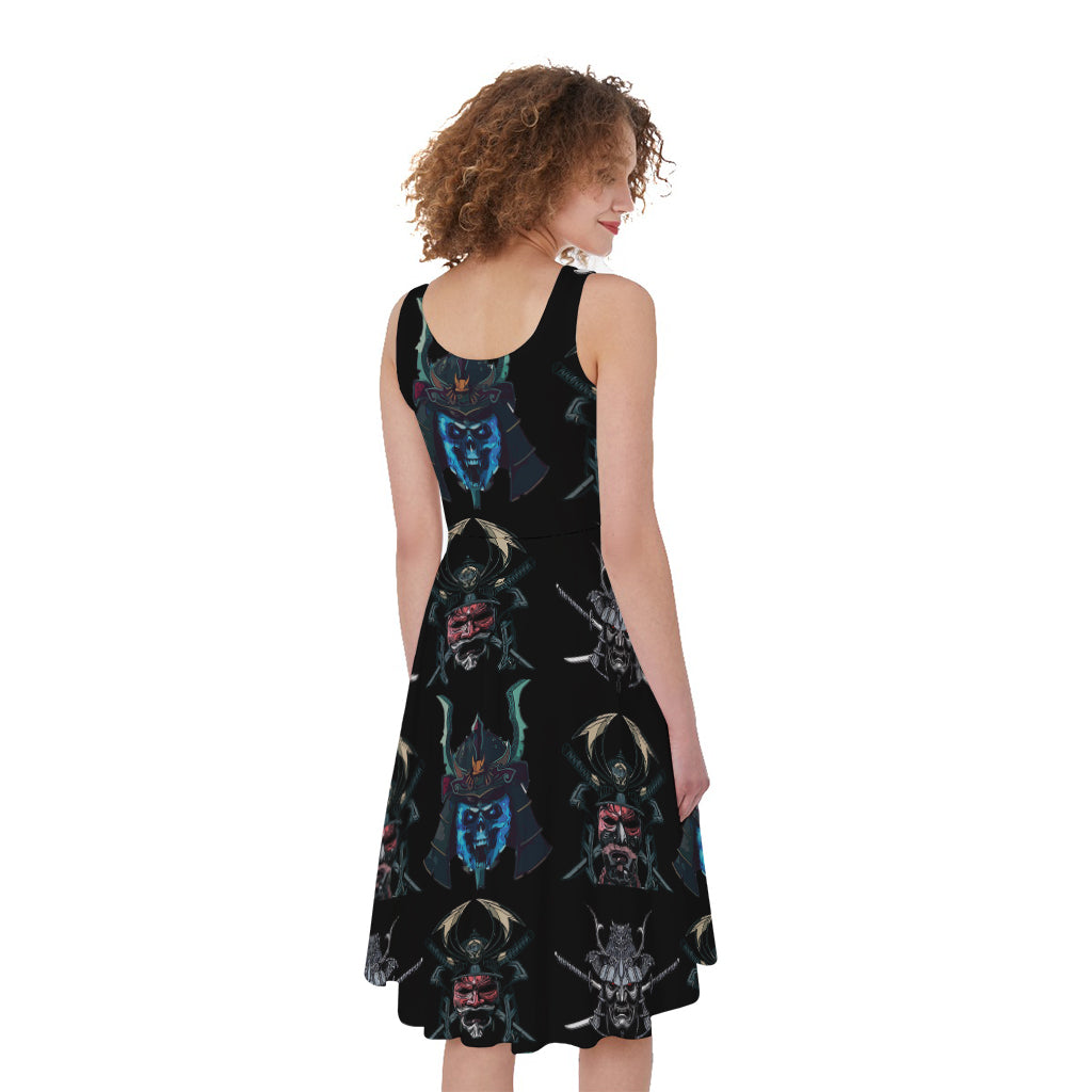 Ghost Samurai Mask Pattern Print Women's Sleeveless Dress