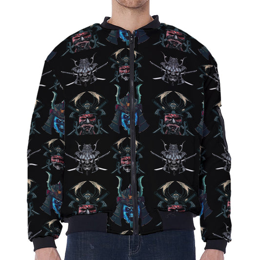 Ghost Samurai Mask Pattern Print Zip Sleeve Bomber Jacket