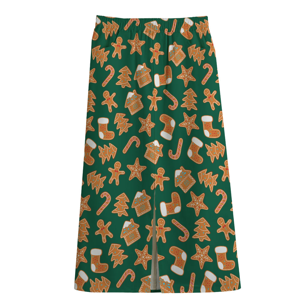 Gingerbread Cookies Pattern Print Cotton Front Slit Maxi Skirt