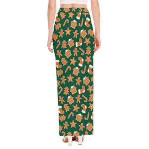 Gingerbread Cookies Pattern Print High Slit Maxi Skirt