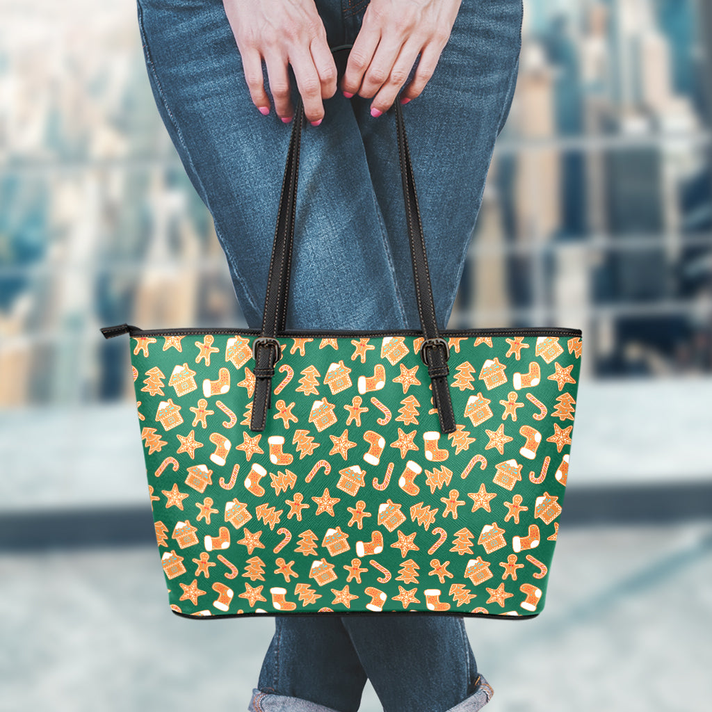 Gingerbread Cookies Pattern Print Leather Tote Bag