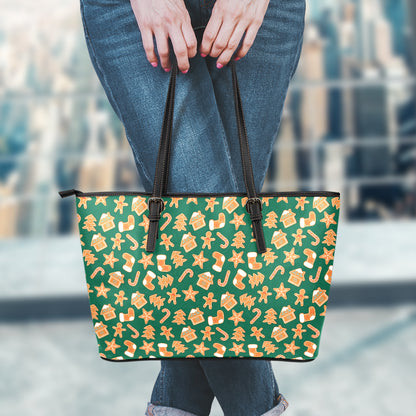 Gingerbread Cookies Pattern Print Leather Tote Bag