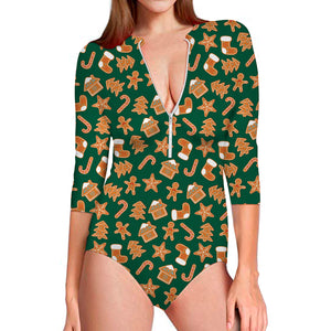 Gingerbread Cookies Pattern Print Long Sleeve Swimsuit