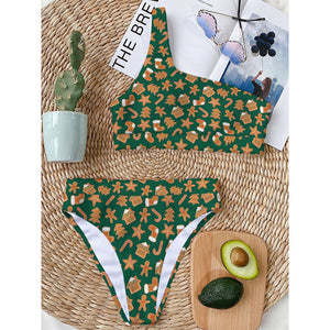 Gingerbread Cookies Pattern Print One Shoulder Bikini Top