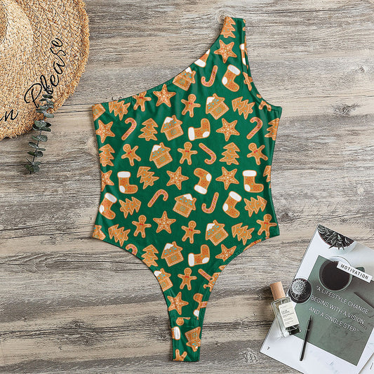 Gingerbread Cookies Pattern Print One Shoulder Bodysuit