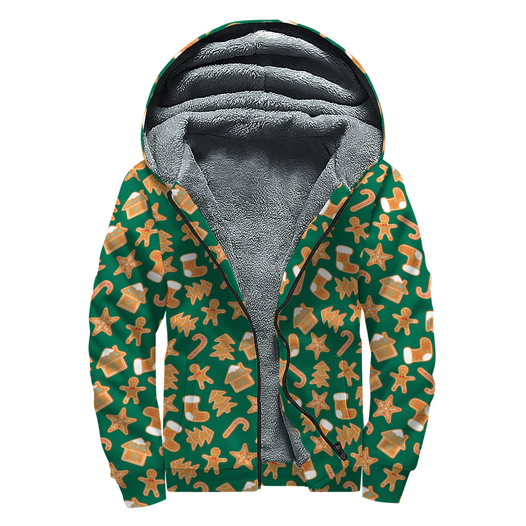 Gingerbread Cookies Pattern Print Sherpa Lined Zip Up Hoodie