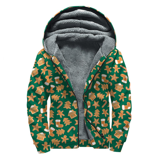 Gingerbread Cookies Pattern Print Sherpa Lined Zip Up Hoodie