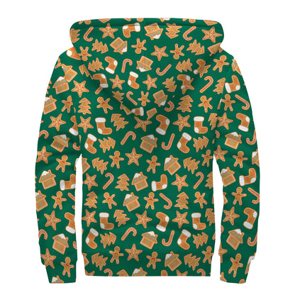 Gingerbread Cookies Pattern Print Sherpa Lined Zip Up Hoodie