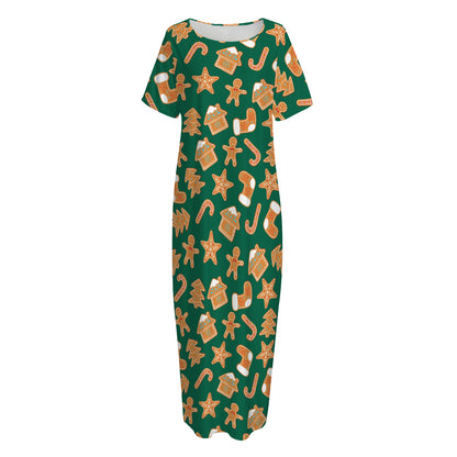 Gingerbread Cookies Pattern Print Short Sleeve Long Nightdress