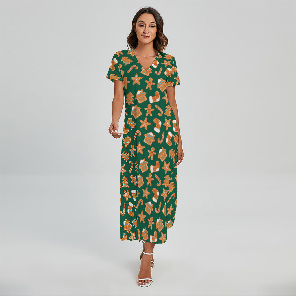 Gingerbread Cookies Pattern Print Short Sleeve Maxi Dress