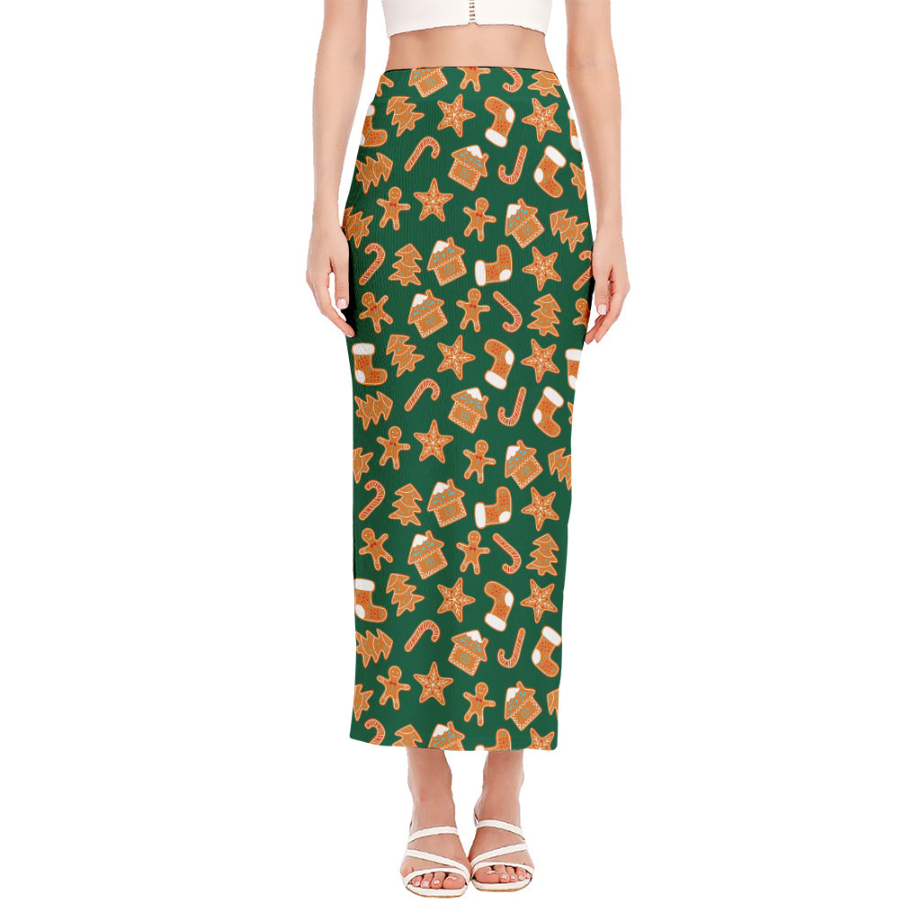 Gingerbread Cookies Pattern Print Side Slit Maxi Skirt