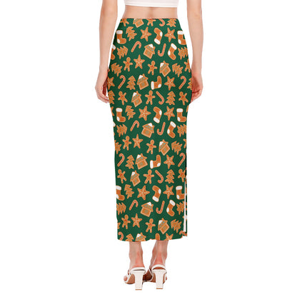 Gingerbread Cookies Pattern Print Side Slit Maxi Skirt