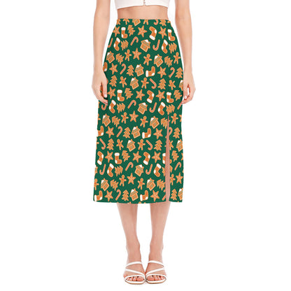 Gingerbread Cookies Pattern Print Side Slit Midi Skirt