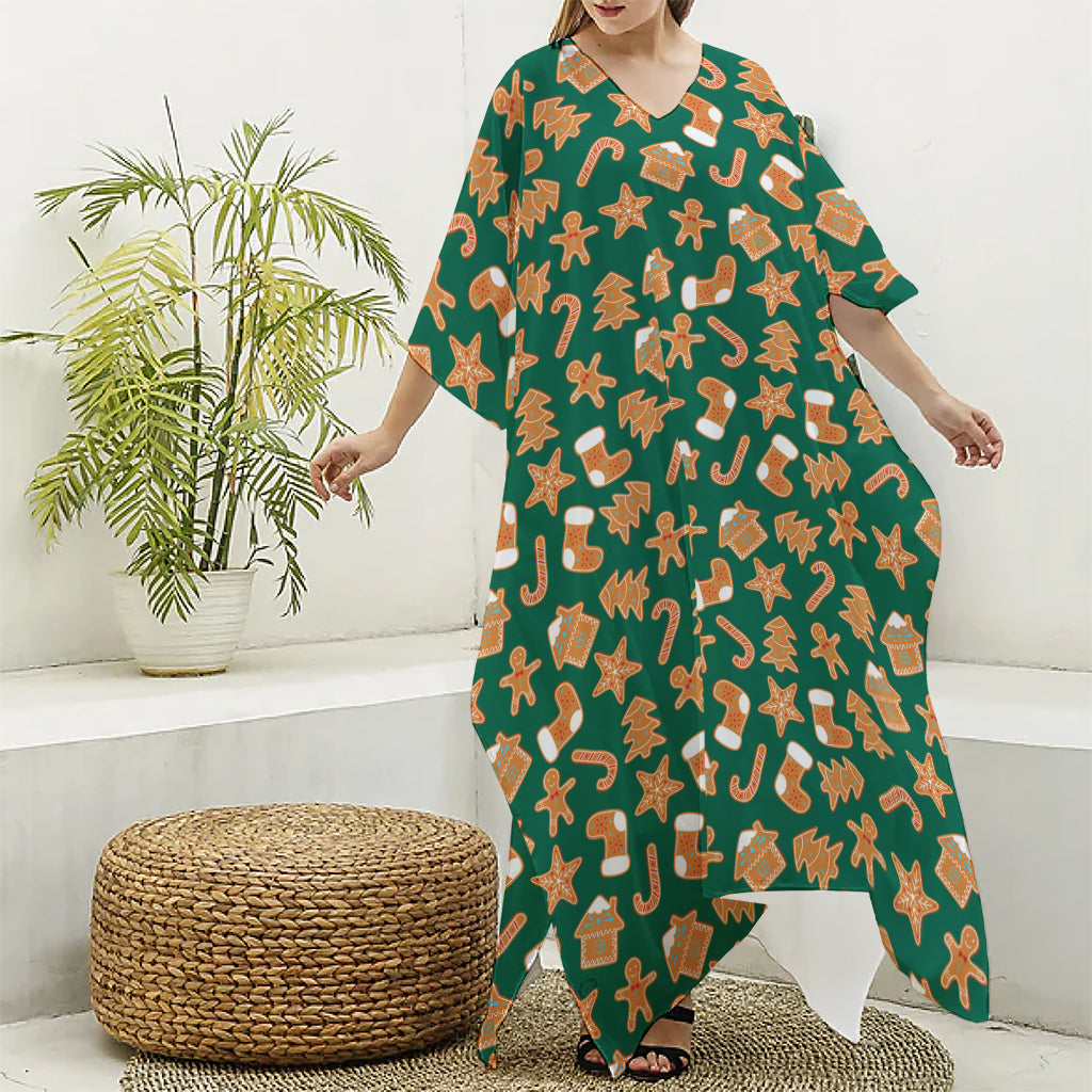 Gingerbread Cookies Pattern Print Silk V-Neck Kaftan Dress